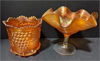 Lot of two Iridescent orange glass dishes.