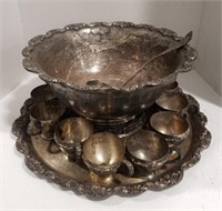 Silver plated Punchbowl with ladle and cups from