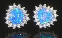 Stunning Halo Style Blue Opal Heart Earrings
