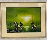 Signed Oil on Canvas Junk Boats