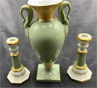 Swan-Handled Vase With Two Candlesticks