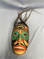Tlingit style wood wall hanger, with horse hair an