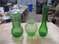 (3) GREEN GLASS VASES