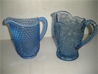 2 Cobalt Blue Pitchers, 1 Hobnail, Tallest 8 in.