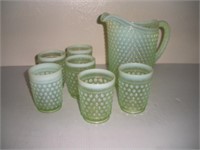 Green Depression Hobnail Pitcher and Glass Set