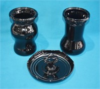 3pcs Vintage Amethyst Glass Vases & Trinket Plate