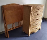 WICKER TWIN HEAD BOARDS, CHEST OF DRAWERS