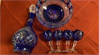 Bohemian colbalt blue glassware; decanter, shot