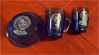 Shirley Temple blue glassware; 2 cups, 1 bowl