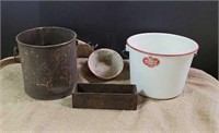 Enamelware pot, bowl, cheese box, metal pail