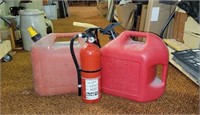 Fire extinguisher and 2 plastic gas cans