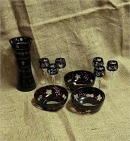 Bohemian Ruby crystal bowls, vase, stemware