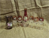 Decanter, glasses, and vase