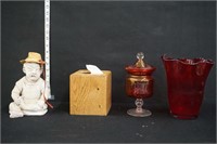 Cranberry Vase & Lidded Jar, Clay Figure