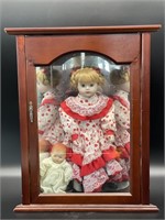 (2) Dolls in Wood and Glass Case 16” x 11” x