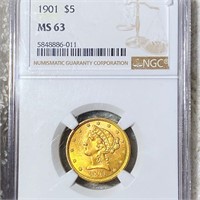1901 $5 Gold Half Eagle NGC - MS63