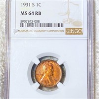 1931-S Lincoln Wheat Penny NGC - MS 64 RB