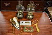 2 Oil Lamps, Magnifying Glass & Antique Iron