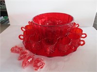 Vintage Red Paneled Grape Punch Bowl Set