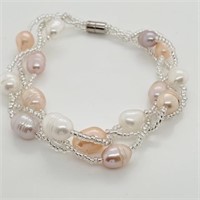Braided Beaded Tri-Colored Pearl Bracelet SJC