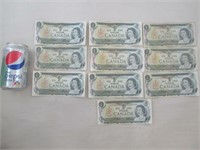 10 billets de 1$ du Canada de 1973