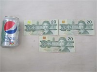 3 billets de 20$ du Canada de 1991