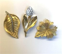 3 Gold Tone Floral Brooches