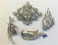 Four Rhinestone Pins/Brooches Sterling