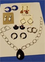 Lot of 8 Pairs Earrings, Black Necklace