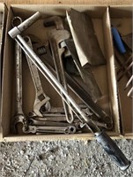 Flat of various tools  including, Rigid 14" pipe