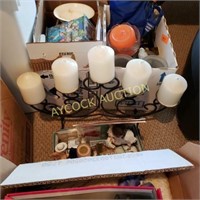 Box lot (glass candle holder, umbrella, figurines,