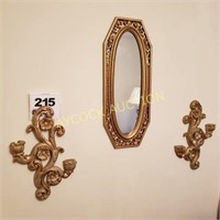 Gold mirror, sconces, small wall decor