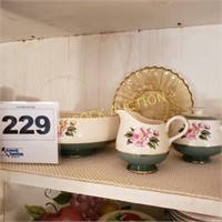 Shelf with antique serving bowl, sugar & creamer
