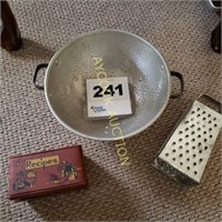 Antique strainer, grater and recipe box