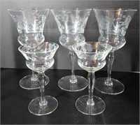 5 Pc Vintage Etched Stemware