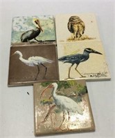 Five Vintage Hand-painted Bird Tiles - Signed K16B
