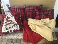 4 Christmas Pillows & 2 Tree Skirts