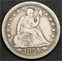 1854 Arrows Seated Liberty Silver Quarter, Nice