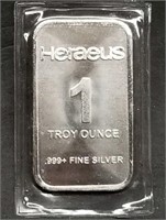 1 Troy Oz .999 Silver Bar - Heraeus in Packet