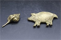 Antique Brass Pig Pin Holder and Shell
