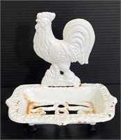 Vintage white cast iron rooster soap holder