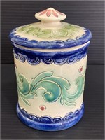Handmade signed glazed pottery canister w/ lid