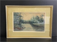 Antique framed river scene watercolor painting