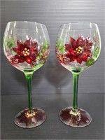 Pair of Poinsettia painted wine glasses