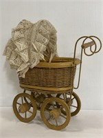 Vintage wood wicker & lace mini doll buggy