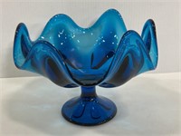 Blue glass wavy edge footed bowl