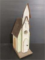 Little white church wood birdhouse w/ tin roof