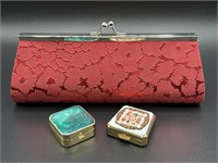 Red clutch, pill box & contact case