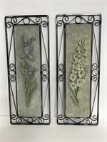Pair of metal framed floral wall hanging decor