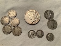 Silver coin lot 1923 D Peace dimes quarters V